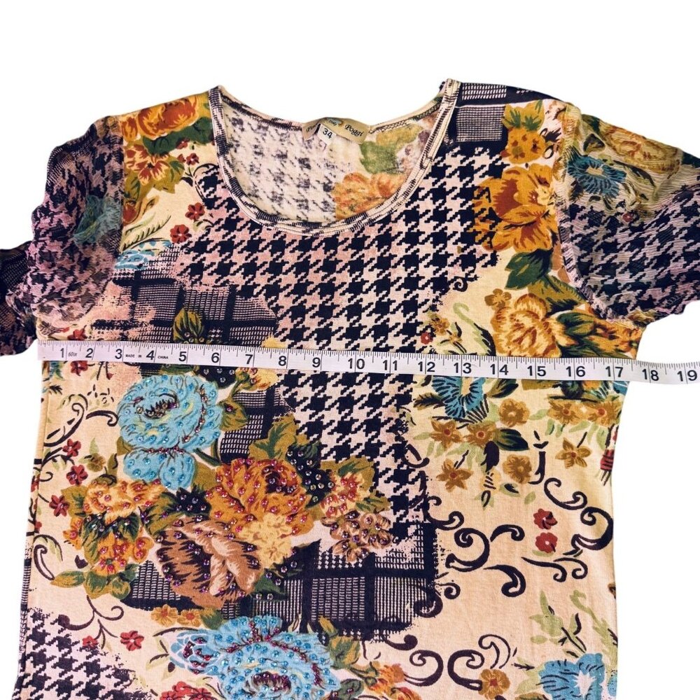 Paola Poggi Italy Womens Patchwork Floral Houndstooth Mesh Top Ruffle Sleeves 34 - Picture 5 of 7